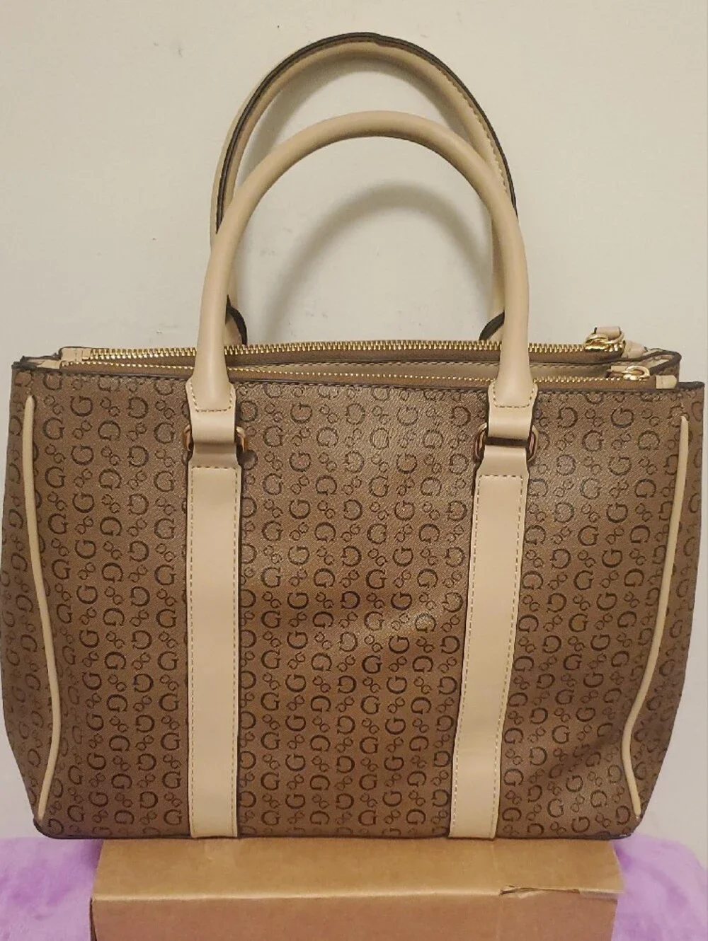 GUESS Brown Monogram Satchel with Cream Trim and Gold Hardware
